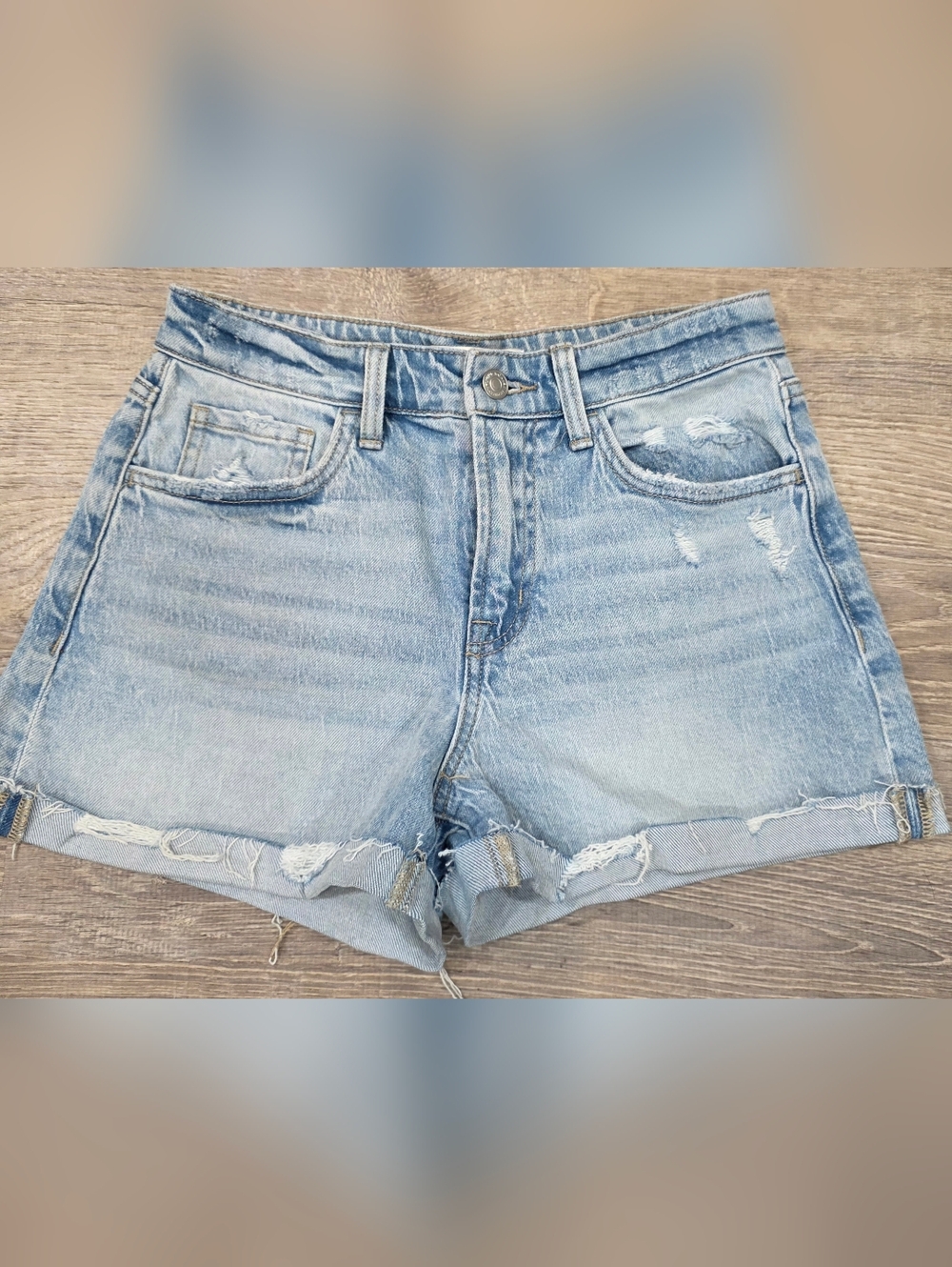 Flying Monkey Light Wash Distressed Roll-Hem Jean Shorts